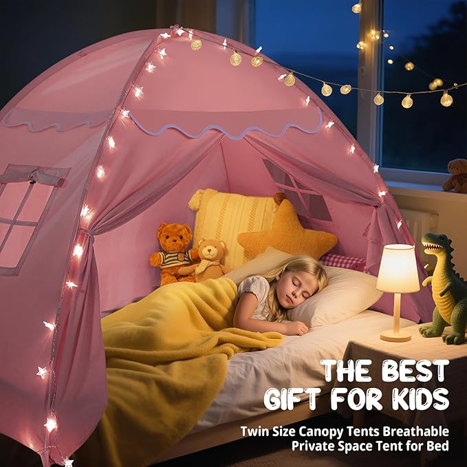 Full Size Bed Canopy for Kids:Girls Bed Tent Dream Privacy Sleeping Tents Indoor - Toddler Under Bunk Pink Tent - Girls & Boys Bedroom Privacy Space Sleeping Tents Gifts (Large Pink)