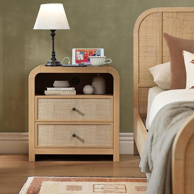 Oak&Sparrow 2 Drawer Tall Dresser for Bedroom, 23.6'' Rattan Dresser with Ample Storage, Boho Chest of Drawers, Thickened Curved Profile Design, Oak Dressers for Bedroom, Living Room