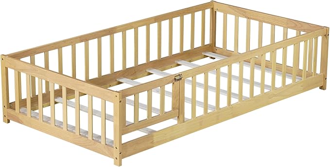 Twin Size Montessori Floor Bed with Slats, Twin Size Floor Bed with Door and Fence, Easy Assemble Montessori Beds for Girls, Boys, Natural