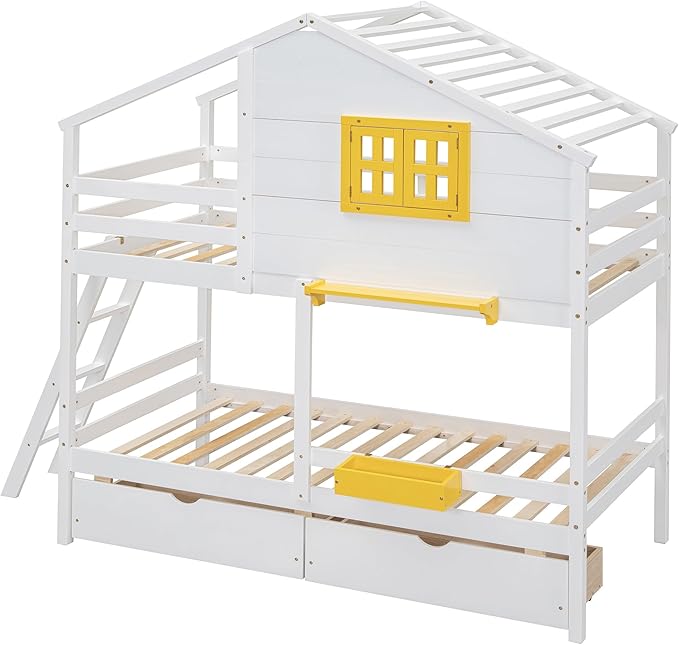 MERITLINE Twin Over Twin House Bunk Bed with Storage Drawers and Storage Box, Solid Wood Bunk Bed with Ladder,Shelf and Roof (White)