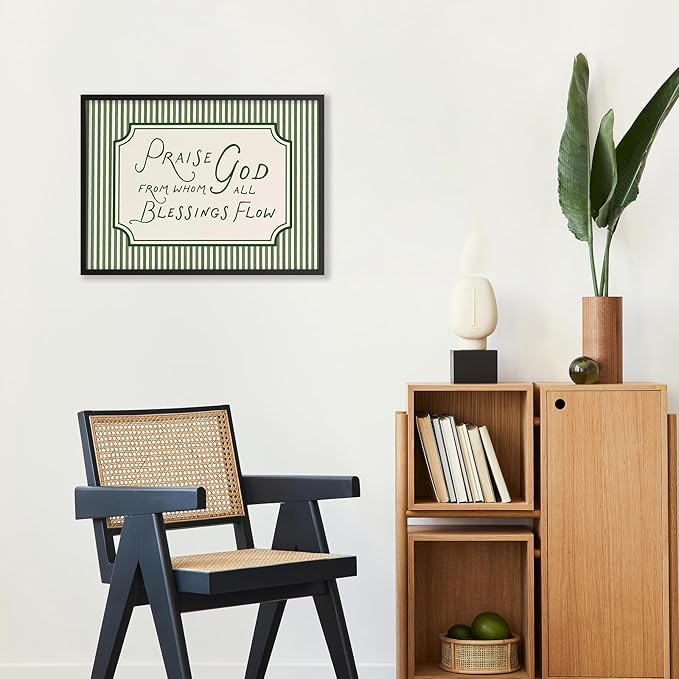 Christian Bible Verse Scripture Poster Praise God From Whom All Blessings Flow Wall Art 16x24 inch Black Framed Green Striped Religious Canvas Prints for Church Home Prayer Room Wall Decor