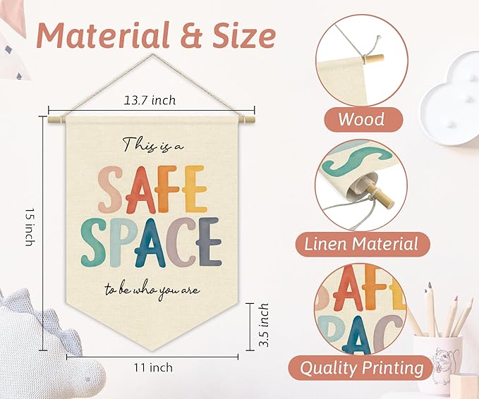 Safe Space Wall Hanging Banner, Therapy Office Wall Decor,Classroom Office Decor Banner,Calming Corner Canvas Banner,Safe Space Sign,School Counselor Office Must Haves, Hanging Pennant Flag