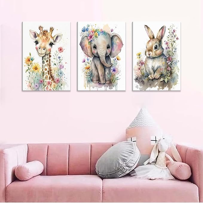 3Pcs Safari Animal Nursery Canvas Wall Art Watercolor Baby Animals with Wildflowers Picture Posters Wall Decor Cute Giraffe Elephant Rabbit Painting Print Artwork for Kids Children Room Decor 16x24in