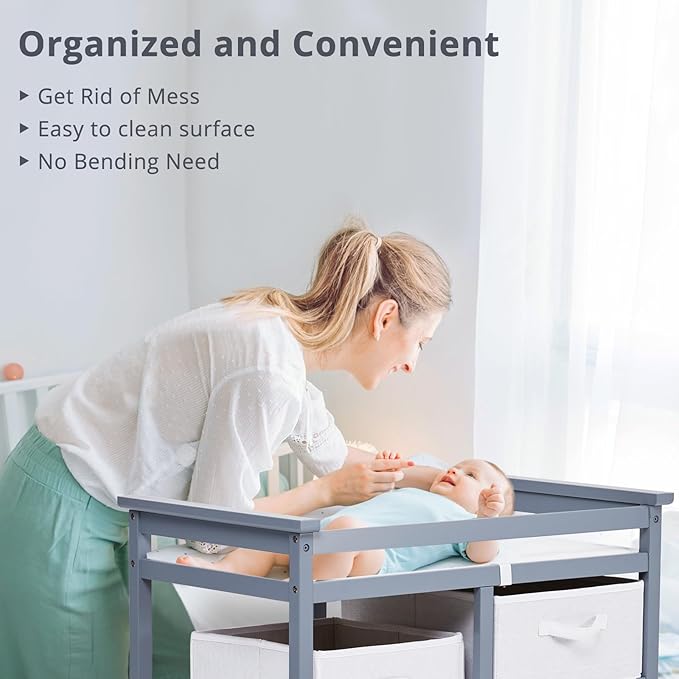 Wooden Baby Changing Table, Modern Diaper Changing Table, Infant Diaper Station Dresser with Laundry Hamper, 3 Drawer Basket- Storage Organizer for Baby Clothes, Diapers & Toys
