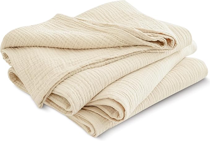 PHF 100% Cotton Muslin Throw XL Blanket Large 50" x 70", 4-Layer Lightweight Gauze Throw, Breathable Cloud-Soft Minimalist Blanket for Bed, Couch, Camping & Baby, Beige/Short Bread, Ideal Gift