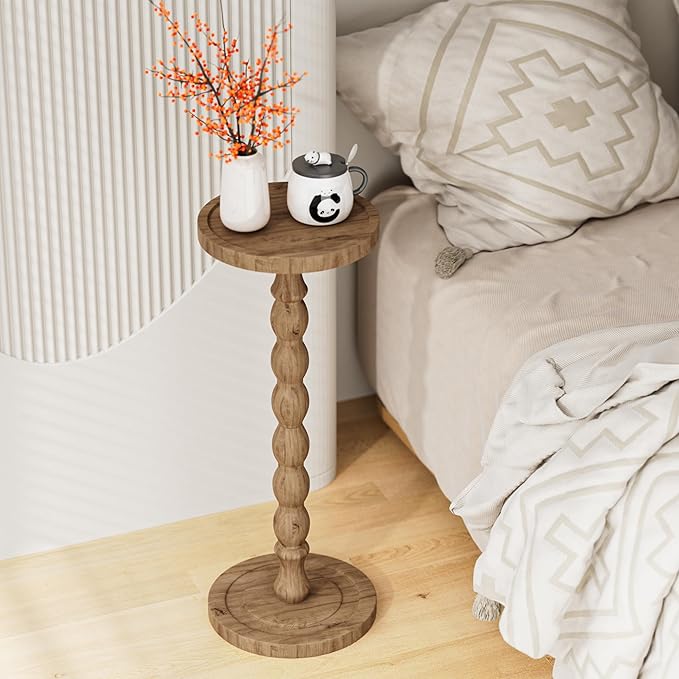 2 Pack Solid Wood Drink Table, Rubber Wood Small Round Side Table for Small Spaces, Martini Tables, Pedestal End Tables for Living Room, Bedroom, Corners, and Office (Brown, 9.4 inch)