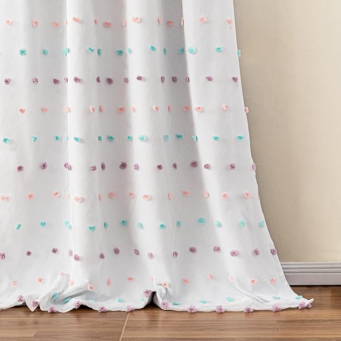 MYSKY HOME Total Blackout Curtains for Kids Bedroom Nursery Curtain 100% Room Darkening Doubled Layer Window Drapes with Rainbow Pom Pom Sheer for Kitchen Light Block Back Tab Set of 2, 52 x 63 in