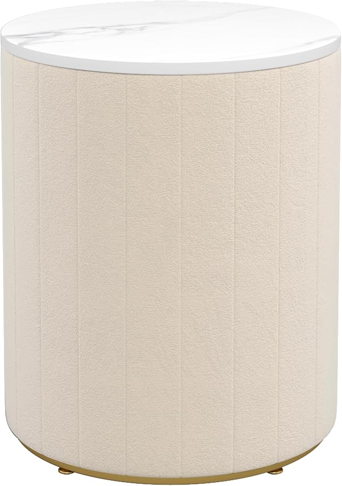 Bellemave Set of 2 Upholstered Nightstand with 3 Drawers, Two Round Bedside Tables with Metal Handles, Velvet End Tables, Marbling Stickers Top Nightstands (Beige)