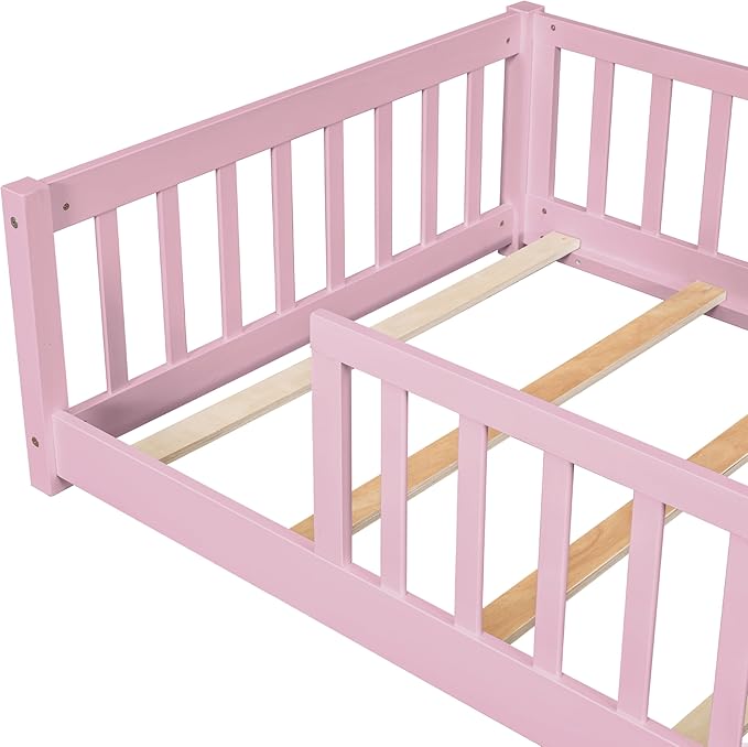 Twin Size Kids Montessori Floor Bed,Twin Floor Bed Frame with Slats,Solid Wood Twin Bed Frame for Girls Boys,Pink