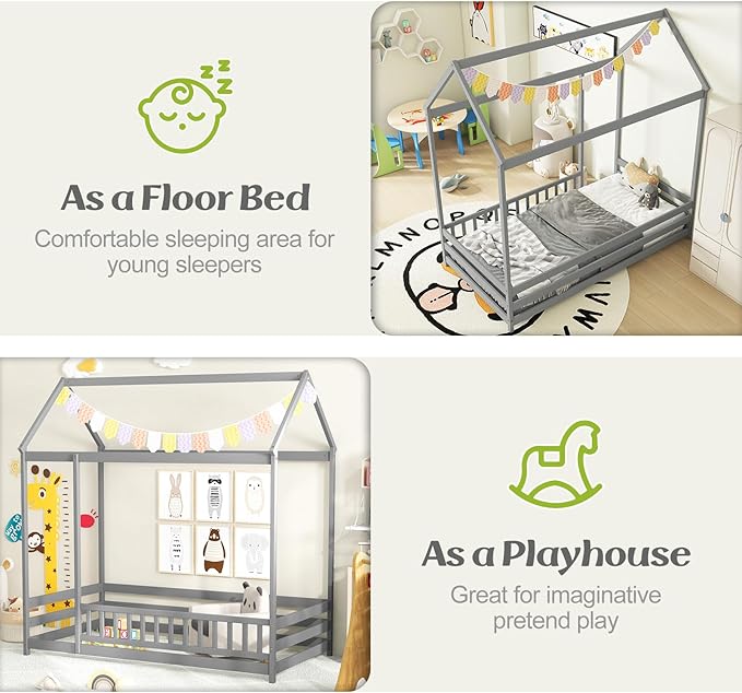 KOMFOTT Twin Size Floor House Bed, Wooden Montessori Bed with Roof & Full-Length Safety Guardrail, Floor Playhouse Bed Frame for Kids, Girls, Boys (Grey)