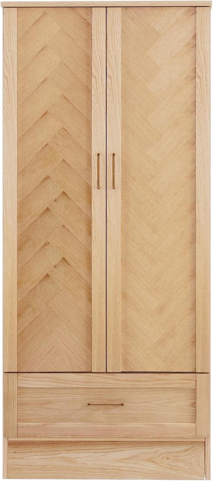 Solid Wood Armoire:Wardrobe Closet with Drawers and Hanging Rod,Storage Cabinet Clothes Organizer for Bedroom Original Wood Color