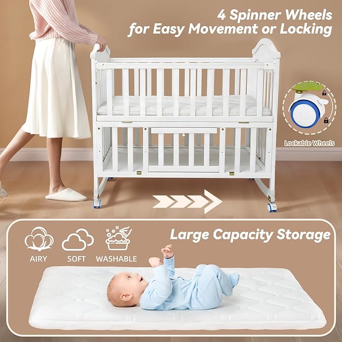 Portable Mini Baby Crib - Cunas para Bebes with Changing Shelf and Mattress Included,2025 Wheeled Wood Baby Bassinet,Bassinet Bedside Co Sleeper for Small Room,White