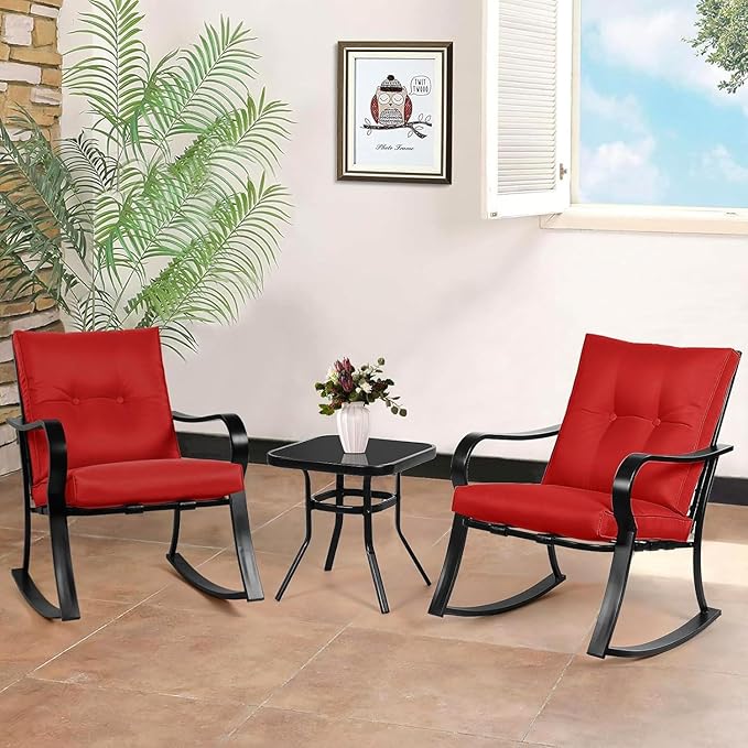 Oakcloud Oakmont Outdoor Furniture 3 Piece Conversation Bistro Set Rocking Chairs and Glass Top Table, Thick Cushions, Black Steel (Red)