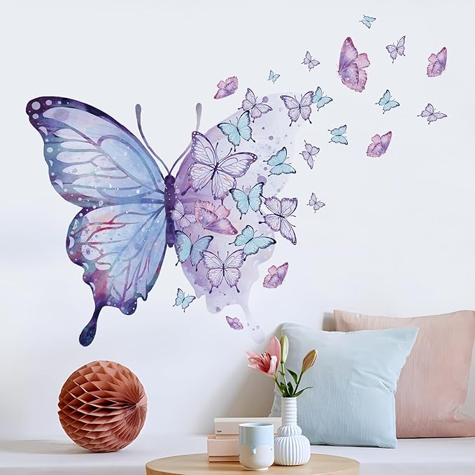 Purple Blue Butterfly Wall Decals Removable Butterfly Flower Wall Stickers Peel and Stick Butterflies Wall Decor Stickers for Kids Girls Bedroom Nursery Bathroom Decorations BR44533