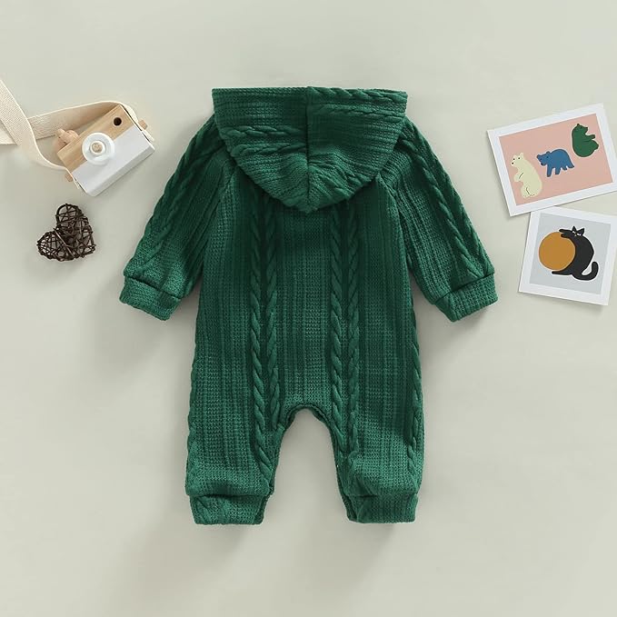 Infant Boys Girls Knit Sweater Romper Baby Toddlers Long Sleeve Hooded Button Up Winter Outfits with Pocket