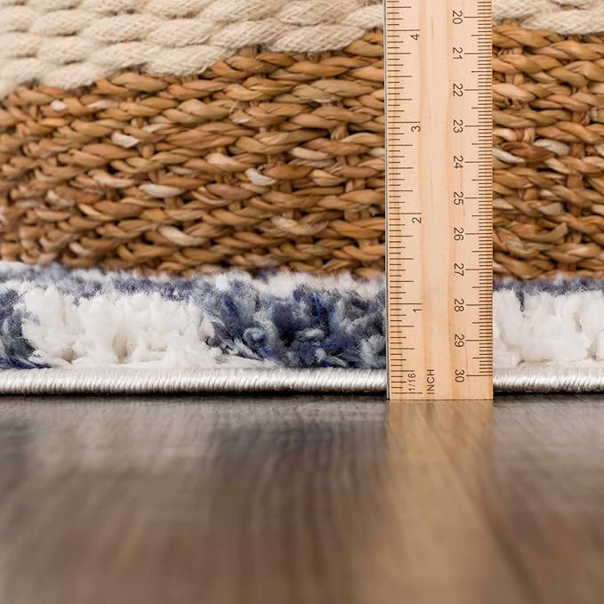 Hauteloom Kieu Contemporary Checkered Fluffy Shag Area Rug - Modern Geometric Soft Carpet Tiles for Living Room, Kids Room, Nursery - White, Blue - 8'10" x 12'