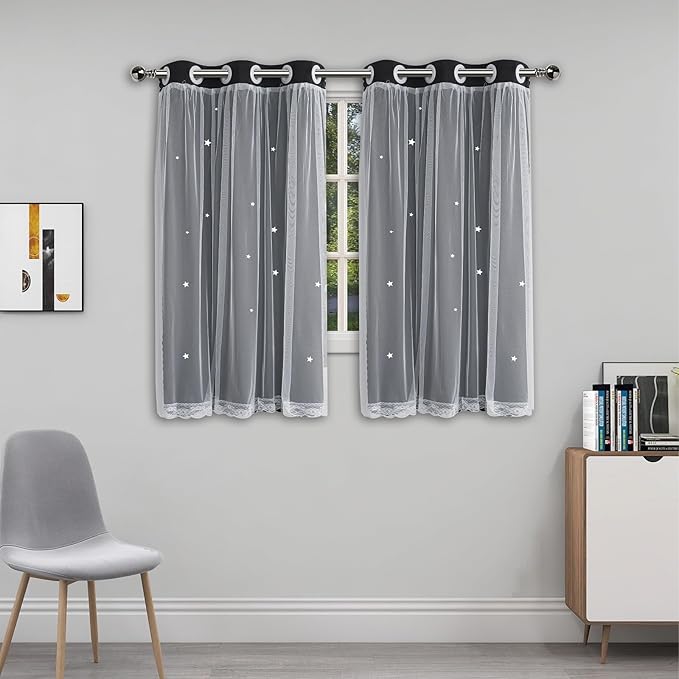 Cute Blackout Curtains for Girls Bedroom - Black Aesthetic Star Cutout Double Layer with Sheer Overlay, 54 Inch Length 2 Panels Teens Kids Room Curtain Nursery Decor Short Drapes