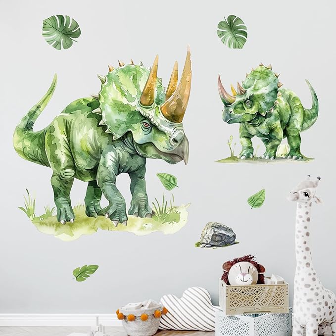 Mfault Watercolor Dinosaur Wall Decals Stickers, Jungle Green Dino Triceratops Monstera Palm Leaves Nursery Decorations Kids Bedroom Art, Tropical Plant Block Baby Boys Toddlers Playroom Home Decor