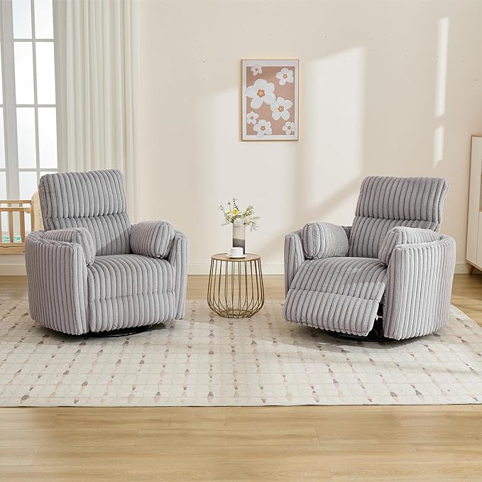 Power Nursery Rocking Chairs Swivel Glider Reclining Chair with 2 Pillows, Nursery Glider Rocking Recliner with Type-C & USB Charger Port, Corduroy Upholstery Armchair for Living Room/ Light Grey