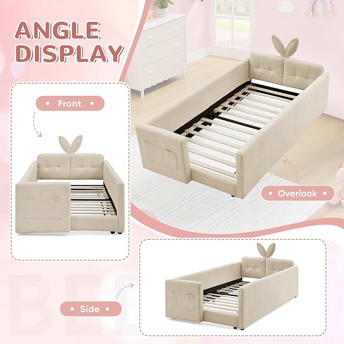 Twin Size Kids Bed with Rabbit Ear Headboard, Upholstered Boucle Fabric Twin Daybed with Slats Support & Side Pockets, Space-Saving Wooden Corner Sofa Couch Bed Frame, for Girls, Boys, Teenager(Camel)