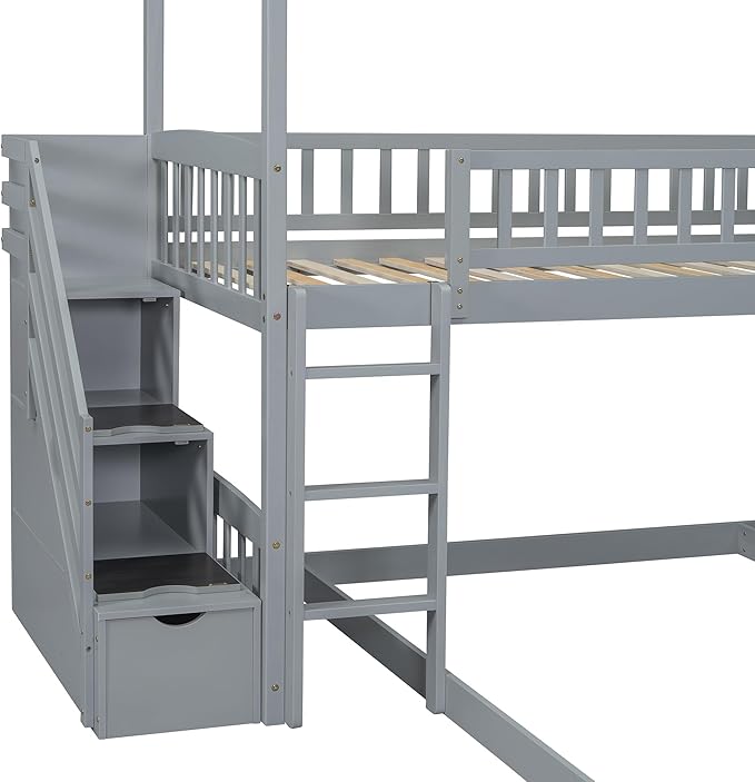 MERITLINE Twin Over Full L Shaped Bunk Bed for 2,Solid Wood House Floor Bunk Bed with Slide and Storage Stairs,No Box Spring Needed (Grey)