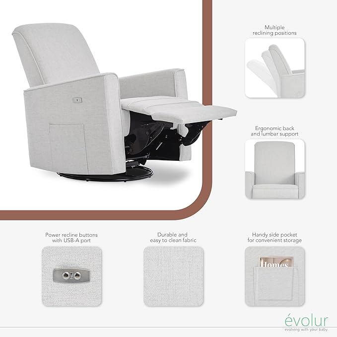 Evolur Harlow Upholstered Power Glider Recliner with USB Charging – Rocking & 275° Swivel with Smooth Glide – Greenguard Gold & FSC Certified – Modern Nursery and Living Room Chair in Fog