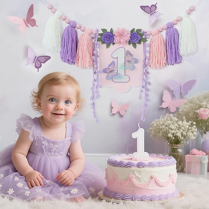 Handmade Butterfly Wildflower 1st Birthday High Chair Banner Purple Pink Floral Theme Party Decoration For Girls Wall Hangings Decorative