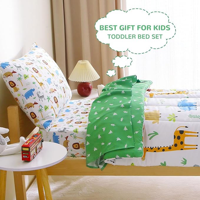 Mooreeke 4 Pieces Toddler Bedding Set - Forest Animal Toddler Comforter Sets for Girls Boys, Includes Comforter, Flat Sheet, Fitted Sheet and Pillowcase, Bed in A Bag for Baby Bedroom