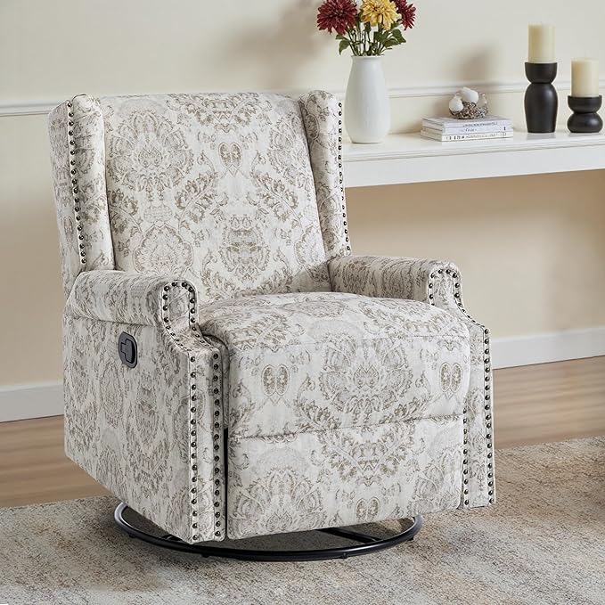 UIXE Swivel Glider Recliner Chair for Adults, High Back Nursery Rocker Living Room Upholstered Armchair in Fabric, Floral Manual Reclining Rivet Trim Single Sofa Reading Seat - Beige