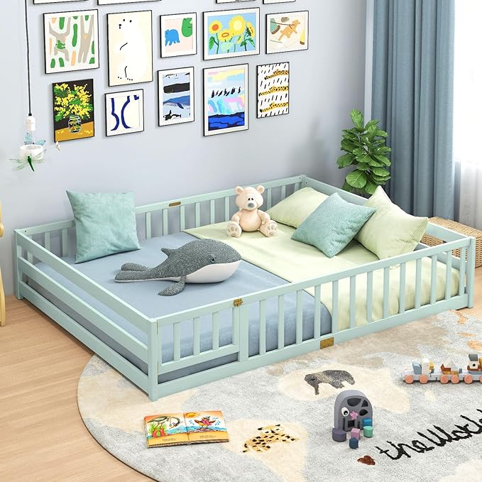 Giantex Queen Floor Bed with Door & Fence, Kids Wood Montessori Beds with Safety Guardrails, Floor Bed Twin for Kids, Boys, Girls, No Box Spring Needed, Mint Sky