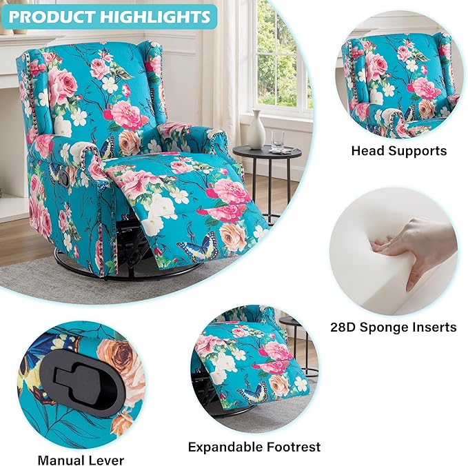 UIXE Floral Swivel Glider Recliner Chairs Set of 2, High Backrest Nursery Rocker Fabric Accent Chair for Living Room, Rivet Trim Upholstered Armchair Manual Reclining Sofa Seating - Peacock Blue
