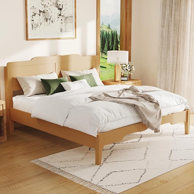 King Bed Frame and Headboard, Wooden Platform Bed with Wood Slats Support, Modern Bed Frame with Storage&Charging Station, No Box Spring Needed, Easy Assembly, Noise Free, Natural