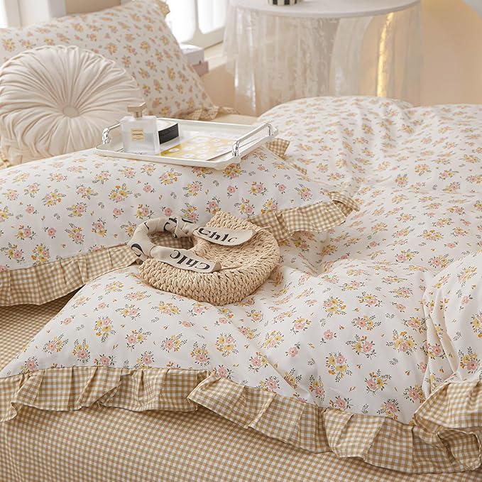 Girls Ruffle Duvet Cover Queen Chic Floral Princess Lace Comforter Cover Soft Breathable 100% Cotton Flower Bedding Set Vintage Botanical Duvet Cover Romantic Ruffle Comforter Cover with 2 Pillowcases