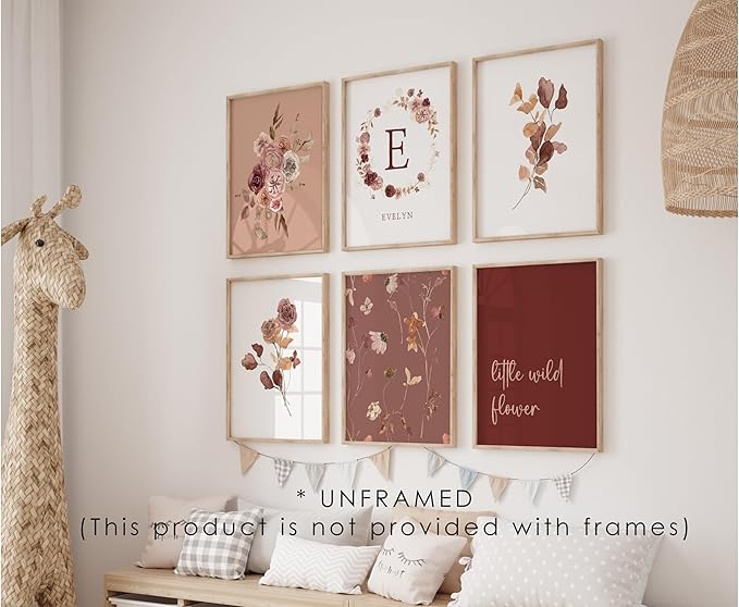 Personalized Name Flower Nursery Wall Art Prints, Crib & Nursery dรฉcor, Newborn Baby Girl Gift Present, Floral Baby Girl Room Pictures, Poster For Baby And Kids (6 Prints, Flower 1)
