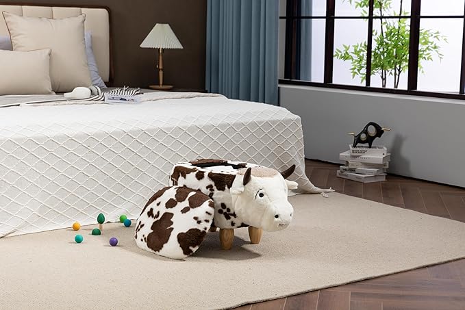 Home 2 Office Fun Happy Cow Ottoman with Storage for Kids' Bedroom, Playroom, Nursery or Recreation Room Decor, Soft Animal-Shaped Toddler Furniture with Wooden Legs