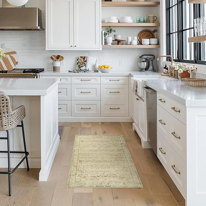Boho Kitchen Rug Washable,2x3 Non Slip Farmhouse Neutral Small Area Rug for Bathroom Bedroom Indoor Entrway Ultra Thin Fit Under Door,Tan Brown and Cream Beige