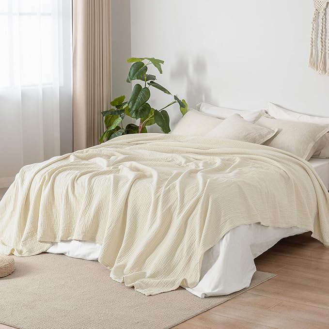 PHF 100% Cotton Muslin Blanket King Size 108"x90", 4-Layer Lightweight Gauze Throw, Breathable Cloud-Soft Minimalist Blanket for Bed, Couch, Camping & Baby, Birch, Ideal Gift