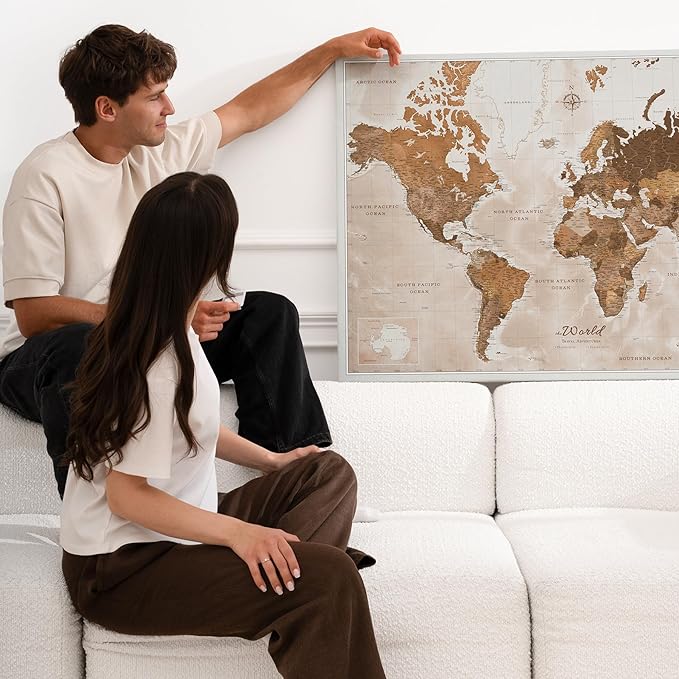 Canvas World Map with Cork Pin Board - English Lettering - Decorative Wall Decoration for All Rooms - Canvas Pictures with World Map Motif (150x100 cm, Pattern 17)