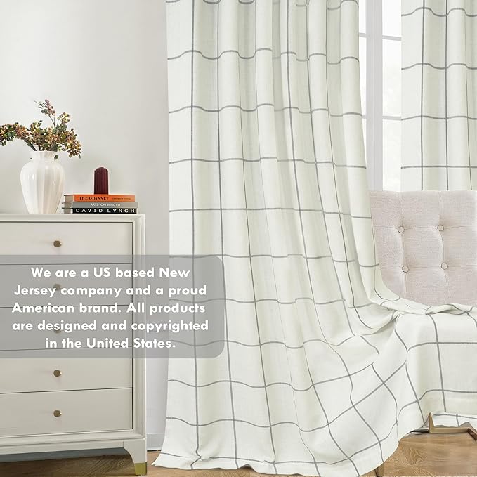 DriftAway 2 Panels 100% Blackout Windowpane Plaid Linen Curtains Double Layer Drapes for Bedroom 72 Inches Long Farmhouse Thermal Insulated 3.25 Inch Rod Pocket Back Tab for Living Room Gray