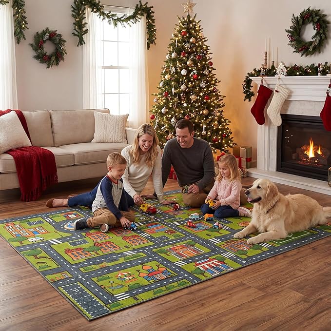 Merelax 7x10 Kids Car Area Rug, Grey Green Area Road Rugs for Living Room Playroom Classroom Bedroom, Non Slip Kids Play mat, Washable Rug, Educational City Traffic Map Fun Car Carpet for Ages 3-12