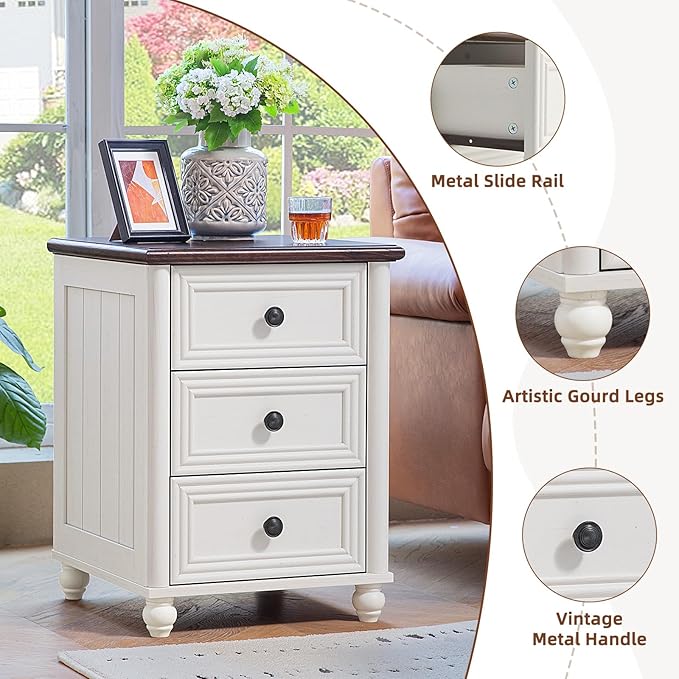 18" Farmhouse Night Stand, White Wood Nightstand with 3 Drawers, Bedside End Table with Storage and Roman Column, Bed Side Tables Cabinet for Bedroom, Living Room, and Closet