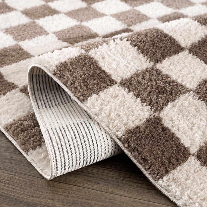 Hauteloom Canika Modern Checkered High Pile Area Rug - Contemporary Geometric Carpet for Living Room, Bedroom - Machine Washable Area Rug - Off-White, Dark Brown - 7'10" x 10'