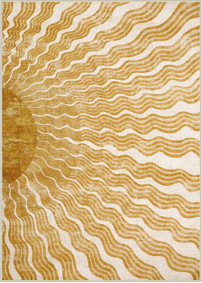 Boho Machine Washable Rug 6x9, Sun Print Soft 6x9 Nursery Rug for Bedroom Classroom, Ultra-Thin Non Slip Kids Large Carpet for Living Room Playroom Office(6'x9',Gold/Multi)