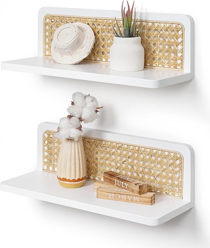 Rattan Wall Shelf 16inch Set of 2, Handmade White Floating Shelves Boho Wall Decor, Rustic Wood Cute Wall Mounted Storage Shelves for Living Room Nursery Bedroom