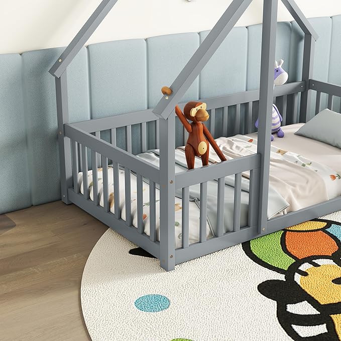 Bellemave Twin Floor Bed for Kids, Girls, Boys, Wood House Bed Frame, House Floor Bed, Twin Size Montessori Floor Bed with Fence, Playhouse, Gray