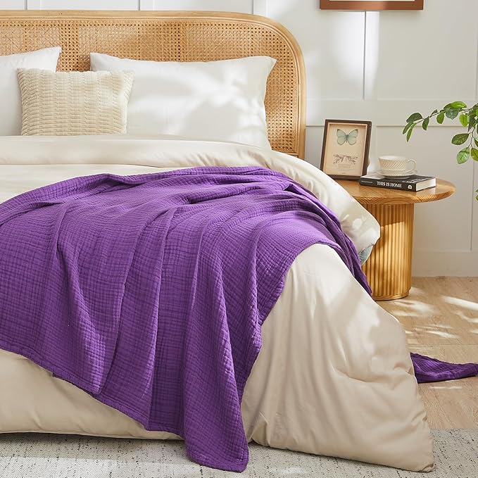 EMME Cotton Muslin Twin XL Blanket Breathable Gauze Blanket Soft Lightweight Blankets Adults Gifts for Women (Purple, 66"x90")