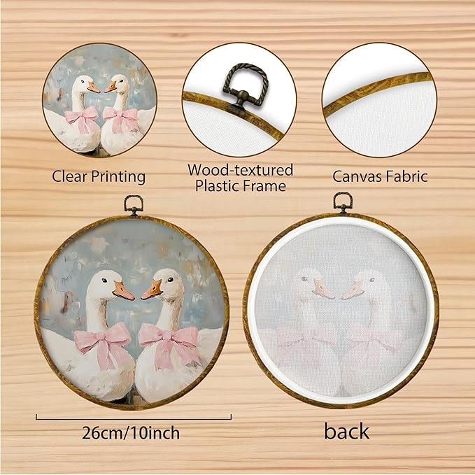 Hiuwevt Coquette Pink Bow Goose Round Wall Art Decor, Preppy Trendy Aesthetic Framed Canvas Prints, Girly Ribbon Couple Goose Round Wall Hanging Decor for Bedroom Home Decorations, 10x10 Inches