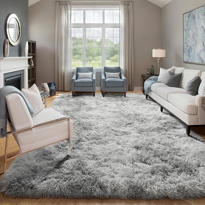 ONASAR Rugs for Living Room Bedroom, 5x8 Washable Fluffy Tie-Dyed Light Grey Bedside Area Rug, Soft Plush Shaggy Floor Carpet for Nursery Kids Girls Boys Teen Dorm Home Office Decor Aesthetic