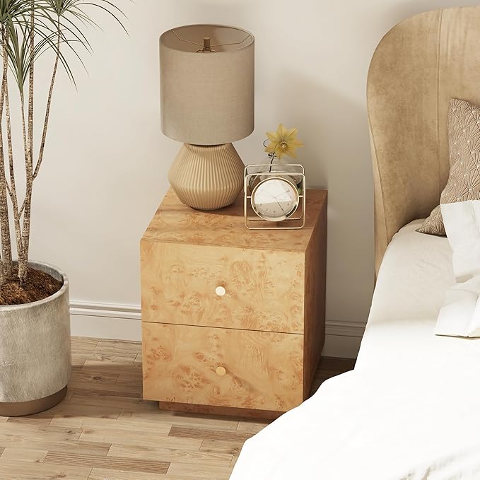 Modern 2 Drawer Nightstand Set of 2 with Elegant Burl Finish, Wood Bedside Table with Storage, Stylish Accent Side Table for Bedroom, Home Décor and Small Space Furniture