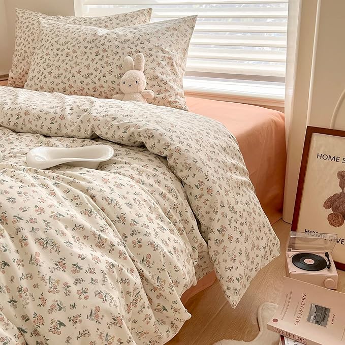 HighBuy Boho Floral Duvet Cover Full White Cotton Coquette Comforter Quilt Duvet Covers with Pink Floral,Garden Floral Bedding Set Full Lightweight Soft Cottagecore Duvet Cover Sets Cute